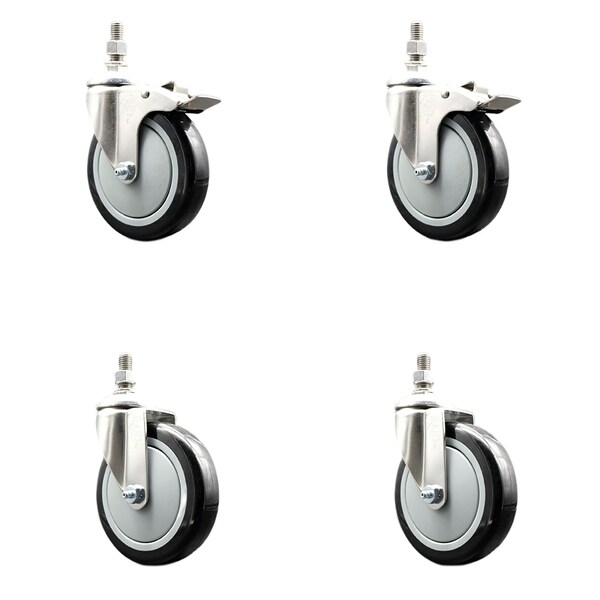 Service Caster 5 Inch 316SS Black Polyurethane 3/8 Inch Threaded Stem Caster Lock Brake, 2PK SS316TSTTL20S514-PPUB-BLK-381615-2S2 - main